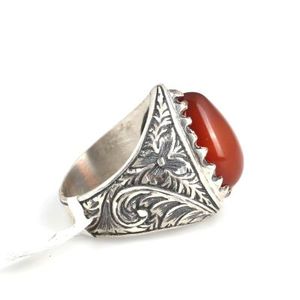 925 <b>Sterling</b> <b>Silver</b> <b>Men's</b> <b>Ring</b> with Teardrop Orange Agate Stone Geometric Cut Hip-Hop Style for Everyday Wear - Product Image 4