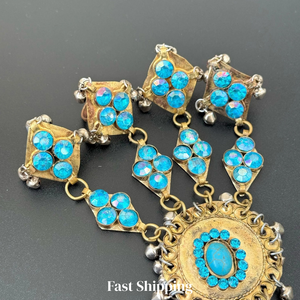 Collier afghan Kuchi authentique ultra long avec de grandes pierres rondes turquoise, collier en argent artisanal, ethnique - Product Image 6