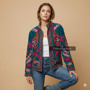 เสื้อแจ็คเก็ตวาร์ซิตี้ฤดูหนาวสไตล์โบฮีเมียนสำหรับผู้หญิง ผ้ากำมะหยี่ถักปักมือ ผ้าฝ้าย ระบายอากาศได้ดี เป็นมิตรกับสิ่งแวดล้อม หรูหรา |   เสื้อผ้าสไตล์โบฮีเมียน - Product Image 1