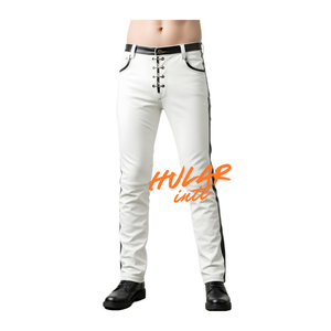 กางเกงหนังทรงบานสีดำเรียบสไตล์วินเทจแบบซิปสำหรับผู้ชาย - Product Image 3