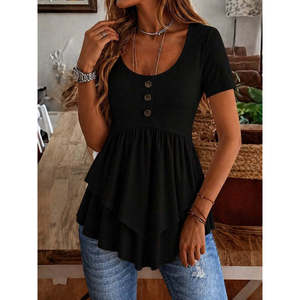 Blusa de viscosa de manga corta con cuello redondo y botones para mujer, con detalle frontal asimétrico, 33848 - Product Image 2