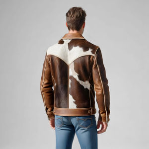 Quality Western Style Brown and White Hair-On Hide <b>Biker</b> Coat Natural Hair <b>Jacket</b> Men's <b>Real</b> Hair Winter Stand Collar Front Logo - Product Image 2