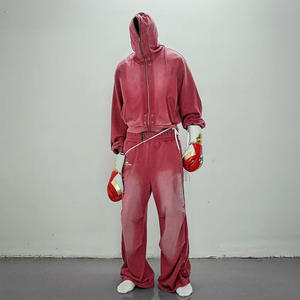 Survêtement personnalisé pour homme, mode, poids lourd, 100% coton, vintage, lavé, sweat-shirt à fermeture éclair intégrale, pantalon de survêtement ample - Product Image 3