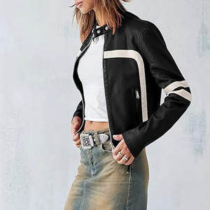 Veste en cuir d'agneau véritable de style vintage à la mode pour femmes col montant d'hiver avec logo avant et fermeture à glissière - Product Image 5