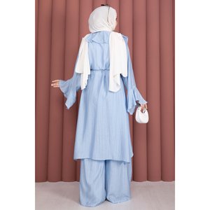 Conjunto Casual de Pantalones Kimono Azul Cielo con Cinturón con Volantes para Primavera/Verano - Product Image 5