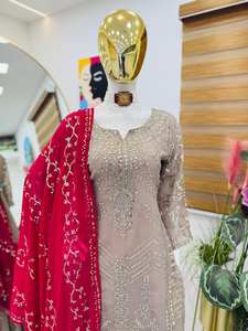 Traje Palazzo de seda pakistaní indio Georgette de imitación con bordado pesado de último diseñador con Dupatta para ocasiones de fiesta - Product Image 4