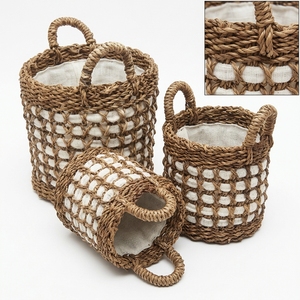 Juego de Cestas de Almacenamiento de Plástico Reciclado con Diseño de Corteza de Plátano Natural, con Rejilla Abierta, Banda Blanca y Asa en Forma de Arco, para Decoración y Arreglos Florales, Diseño Artístico Puro - Product Image 2