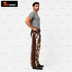 Chaps western pour homme en cuir véritable motif vachette, taille haute, coupe régulière, avec franges et fermeture à boucle, pour l'équitation - Product Image 3