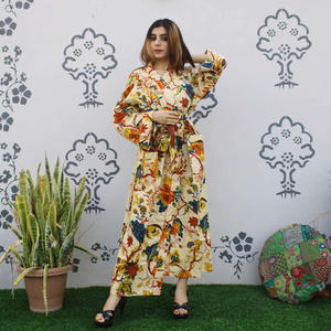 ชุดกิโมโนผ้าฝ้ายระบายอากาศทำด้วยมือของชาวอินเดียชุดเดรสลำลองแบบผูกเอวยาวระดับกลางลายดอกไม้แบบโบฮีเมียนลายดอกไม้ - Product Image 1