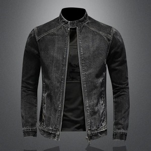 Blouson aviateur vintage de haute qualité pour homme, noir, col montant, style moto, veste en jean, vêtement d'extérieur en toile de coton, denim noir - Product Image 3