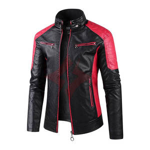 Chaqueta de Cuero Estilo Motero con Cierre Completo, Color Negro y Rojo, Moderna, Unisex, con Bloques de Color, Cuello Alto, Transpirable - Product Image 1