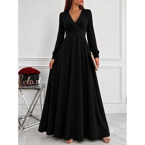 Women's Long-Sleeved Wrap-Neck Pleated Waist <b>Corset</b> Detail Long Shimmering Crepe Dress, 37323 - <b>Black</b> - Product Image 1