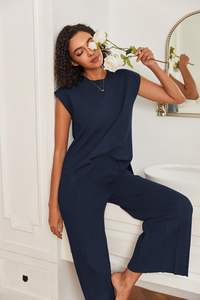 Conjuntos de salón para mujer, conjuntos de dos piezas, camisetas de manga de gorro de punto, pantalones plisados de pierna ancha, conjuntos de suéter informales y elegantes - Product Image 3