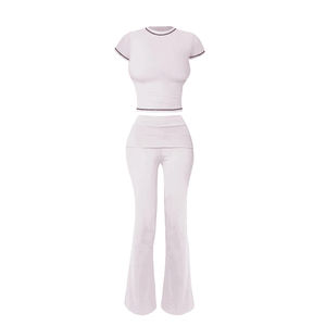 Conjuntos de pantalones acampanados con cintura y manga de nailon y algodón de otoño 2025 de alta calidad y precio al por mayor personalizado, ropa de descanso personalizada de 2 piezas - Product Image 3