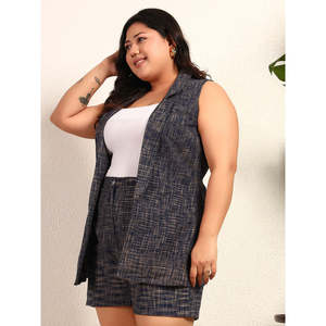 DEEBACO Ensemble coordonné en coton texturé pour femme, grande taille, décontracté, blazer sans manches à ouverture sur le devant avec short longueur genou, ensemble deux pièces - Product Image 3