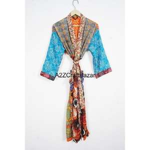 Bata de Seda Vintage India con Parches, Elegante Kimono de Verano para Playa, Novia, Maternidad, Sari, Manga Larga, Cuello en V, Cordón Ajustable en la Parte Delantera - Product Image 1