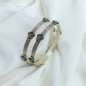 Swadeshi Pitara Women's 925 Silver Fashion Statement Bangle <b>Single</b> Piece with Rose <b>Flower</b> Design From Rajasthan - Product Image 2