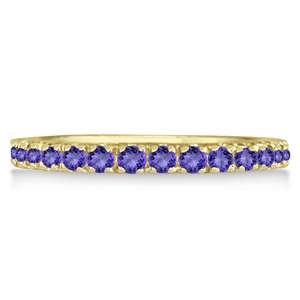 Bague empilable en or jaune 14 carats, bijoux fins romantiques, 0,75 ct de tanzanite, coupe coussin, sertie en or véritable, incrustation pour garçons - Product Image 2