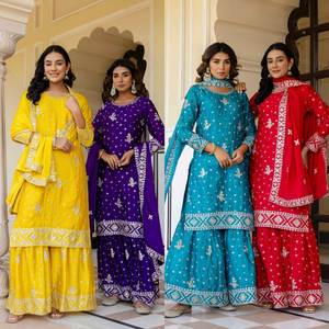 Top de créateur indien Sharara Collection de vêtements pour femmes Tissus de soie Chinon avec broderie Séquence Design Work Party Wear - Product Image 6