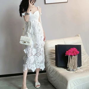 Verano blanco encaje Sling Vestido Mujer nuevo elegante Casual playa vacaciones de talla grande hasta el suelo falda cremalleras lavable sostenible - Product Image 3