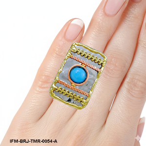 Handmade Tri-Metal Mixed Metal Rectangle <b>Statement</b> <b>Ring</b> with Turquoise Center Stone Artisan Jewelry for Women - Product Image 2