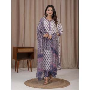 Hand <b>Block</b> <b>Printed</b> White Grey Cotton Kurta Pant Set Ethnic Pakistani-Indian Style Net Fabric for Special Occasions Parties - Product Image 5