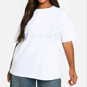 Strass imprimé 2025 surdimensionné 100% coton T-Shirt pour femmes et hommes 240GSM Premium couture qualité personnalisé Streetwear - Product Image 1