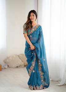 Nuevo y Moderno Saree de Seda con Bordado Pesado de Múltiples Hilos para Mujer, Ideal para Fiestas Formales, Diwali y Bodas, Largo hasta el Suelo - Product Image 2