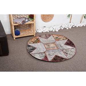 Alfombra de lana turca Vintage ecléctica de 3,4x3,4 pies Boho Beige Patchwork ovalada hecha a mano ecológica pila media respaldo de látex comedor - Product Image 2