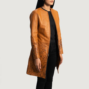 Diseño de moda tostado Otoño Invierno Gabardina de cuero Chaquetas de cuero largas reales para mujer - Product Image 4