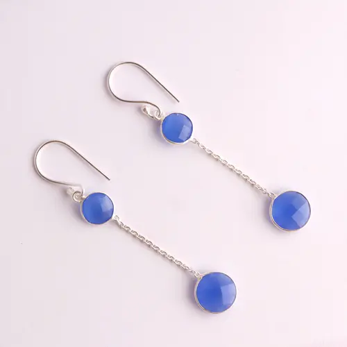 Nieuwe Stijl Minimalistische Blauwe Chalcedoon Bengelen Haak Oorbel Messing Verzilverd Dubbele Edelsteen Schakel Hangende Oorbellen Voor Haar