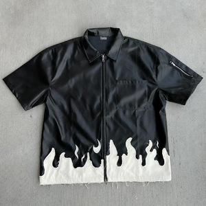 OEM Custom Logo High Quality Streetwear Mens Short Sleeves Leather <b>Shirts</b> Outdoor Causal Embroidered <b>Zip</b> up Leather <b>Shirt</b> - Product Image 5