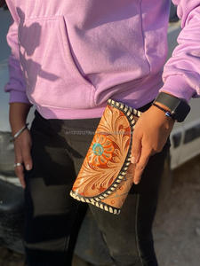 Cartera de cuero tallada a mano, funda de teléfono de embrague, elegante Cartera de flores de Sol occidental para mujer - Product Image 2