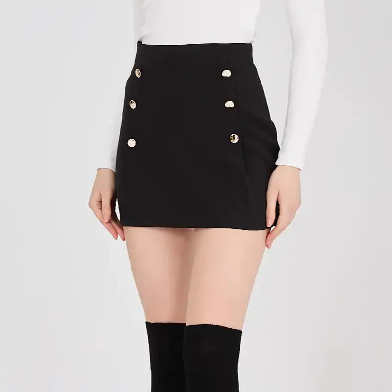 Damenrock schwarz mädchen kurze enge röcke schwarzer knopf detaillierter plissierter mini-rock schwarz mini