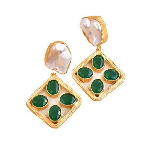18k Gold Plated Earrings Custom Wholesale Fashion Jewelry Green Drop Baroque Earring
