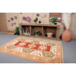 Alfombra Kilim turca Vintage de 4,4x6,4 pies, diseño de retazos rojo y verde, tejido plano de lana, respaldo de látex para pasillo rectangular para adolescentes de 10mm - Product Image 2