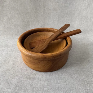 wood handcrafted salad bowl set vintage wooden salad bowl, plates, <b>utensils</b>, natural wood serving set - Product Image 2