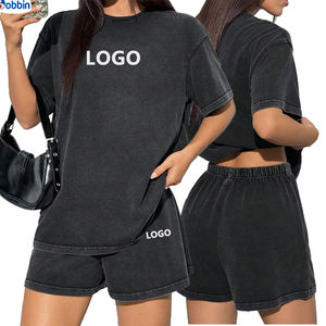 Conjunto de Camiseta de Cuello Redondo y Pantalones Cortos Vintage para Mujer, Conjunto de Camiseta de Manga Corta y Pantalones Cortos con Lavado Ácido Personalizado de Alta Calidad - Product Image 5