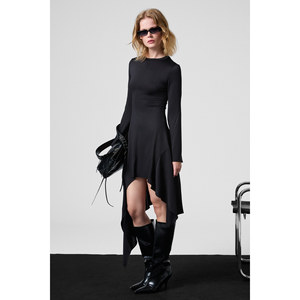 GRIMELANGE UGETRO Robe courte pour femme à col rond en tissu extensible avec détails de coutures et ourlet asymétrique - Product Image 1