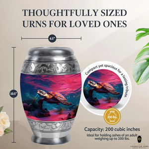 Urne funéraire en aluminium fabriquée à la main Finition enduite Meena en grandes tailles et souvenirs Urnes funéraires au design gravé tortue - Product Image 2