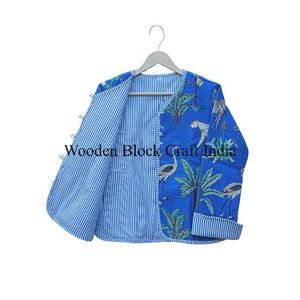 Indian Block Printed <b>Quilted</b> 100% Cotton Eco-Friendly Women's V-Neck Winter Beach Wear Belt Breathable Floral Decoration Jacket - Product Image 5