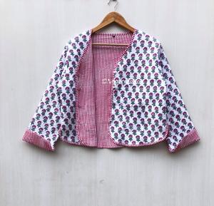 Veste bohème style floral imprimé au tampon, réversible, pour l'automne, l'hiver et l'été, style streetwear, faite main - Product Image 1