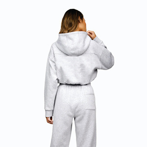 65% coton 35% Polyester recadrée athlétisme Club pleine fermeture éclair capuche gris chiné femmes survêtement haut à capuche - Product Image 3