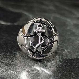 Vintage Men's Sterling Silver Nautical <b>Ring</b> with Rudder Ship Anchor Fractured Pattern-Sailors' Special Jewelry - Product Image 2