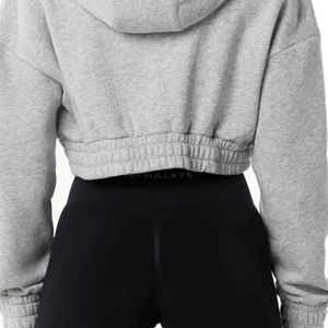 Sudadera corta con capucha para mujer, 55% algodón, 45% licra, estilo de gota, holgada, color gris, clásica, con cremallera - Product Image 6