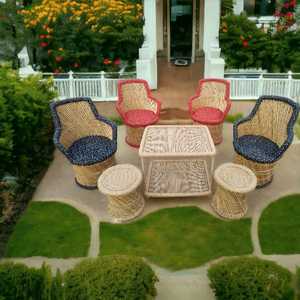 Prix de gros canapé chaises fait à la main en bambou ensemble avec table basse et 2 ensembles de jardin pouf canapés de salon restaurant en plein air - Product Image 4