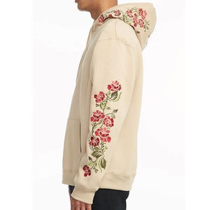 <b>Men's</b> Black 100% Cotton Oversized Autumn Zipper-Up Hoodie <b>Red</b> Floral Embroidery Sleeve Detail Drawstring Hood Kangaroo Pocket - Product Image 5