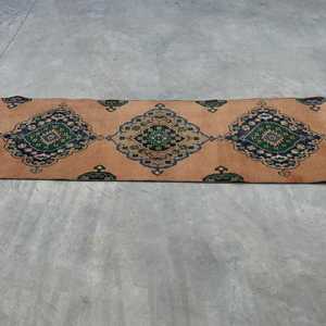 2.3x11.8 ft Vintage Runner Rug, <b>Brown</b> Blue Turkish Polka dot <b>Wool</b> Rug - Product Image 3
