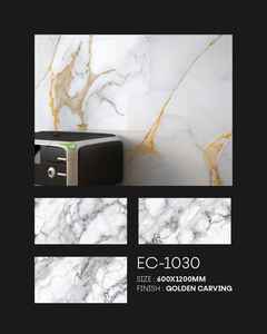 Carrelage en porcelaine luxueux EC 1030 aspect marbre veiné or 600x1200 MM finition dorée sculptée Fabriqué en Inde - Product Image 3