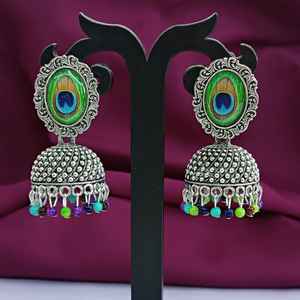 Amuletos de cuentas de plumas de pavo real Indio, pendientes de cristal para boda Jhumka Jhumki, mayorista indio, joyería para mujer - Product Image 2